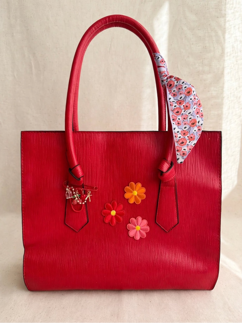 Fashion Nova Red Floral Accent Tote Bag